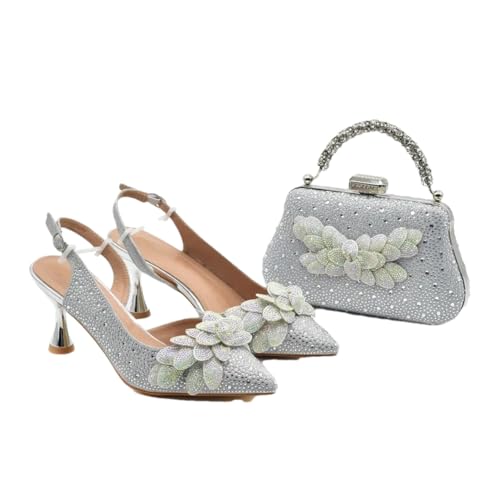 Damen Spitz Zehen Heels mit kleiner Tasche Nigeria Party Schuhe und Taschen verziert, Silber für Set, 40.5 EU Damen Spitz Zehen Heels mit kleiner Tasche Nigeria Party Schuhe und Taschen verziert, Silber für Set, 40.5 EU von Generisch