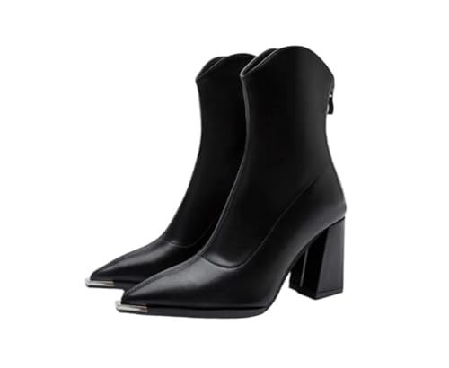 Damen Spitz Zehen Stiefeletten Kariert High Heel Rücken Reißverschluss Elegant Winter Kurze Booties, Schwarz , 39.5 EU von Generisch