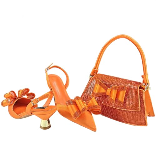 Damen Spitz Zehensandalen Taschen Set mit Butterfly-Style Spaghettiträger, Orange, 41 EU von Generisch