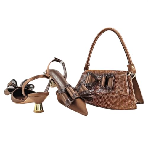 Damen Spitz Zehensandalen Taschen Set mit Butterfly-Style Spaghettiträger, coffee, 43 EU von Generisch