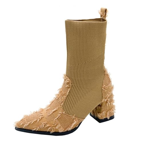 Damen Spitze Zehen Mode Winter Stiefeletten Komfort Blockabsatz Stricksocke Slip On Casual Warme Schuhe, khaki, 39.5 EU von Generisch