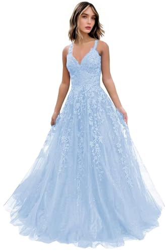 Damen Spitzen-Applikation Plus Size Tüll Ballkleid 2025 V-Ausschnitt A-Linie Langes Ballkleid Spaghettiträger Formelle Abendparty Brautjungfer Hochzeit Gäste Kleid, hellblau, 54 Plus Damen Spitzen-Applikation Plus Size Tüll Ballkleid 2025 V-Ausschnitt A-Linie Langes Ballkleid Spaghettiträger Formelle Abendparty Brautjungfer Hochzeit Gäste Kleid, hellblau, 54 Plus von Generisch