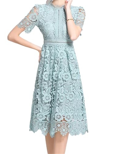 Damen Spitzenkleid mit hohlem Druck, Rundhalsausschnitt, kurzärmelig, lässig, Party, A-Linie, Midi-Kleider, 6, M von Generisch
