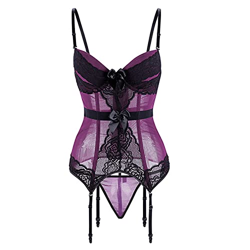 Damen Spitzenstrumpfband Bustier Sexy Durchsichtiger Korsett Dessous Body Deep-V Halfter Transparente Nachtwäsche Shapewear (Violett,6XL) von Generisch