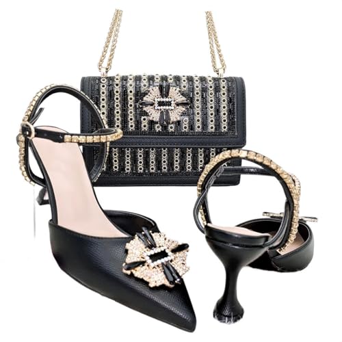 Damen Spitzschuhe Schultertaschen Set für Weddign Party Prom Elegant Taschen Set, Schwarz , 43 EU von Generisch