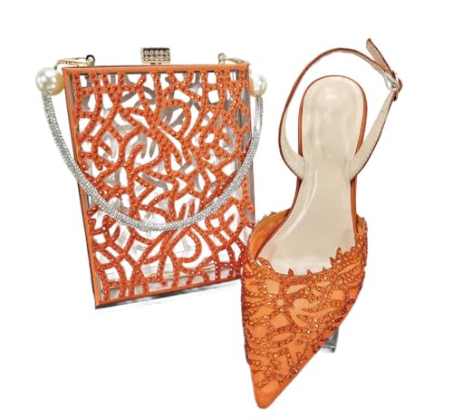 Damen Spitzzehe Heels Taschen Set mit Strass Elegante Schuhe Set für Party, Orange, 43 EU von Generisch