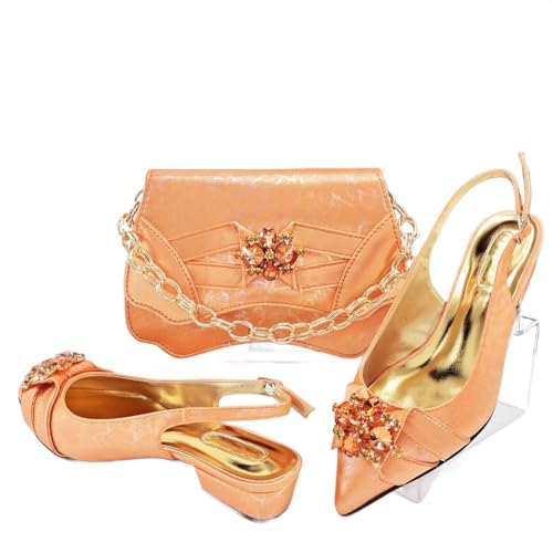 Damen Spitzzehe Low Heels Taschen Set mit Strass für elegante Hochzeit, Orange, 43.5 EU von Generisch