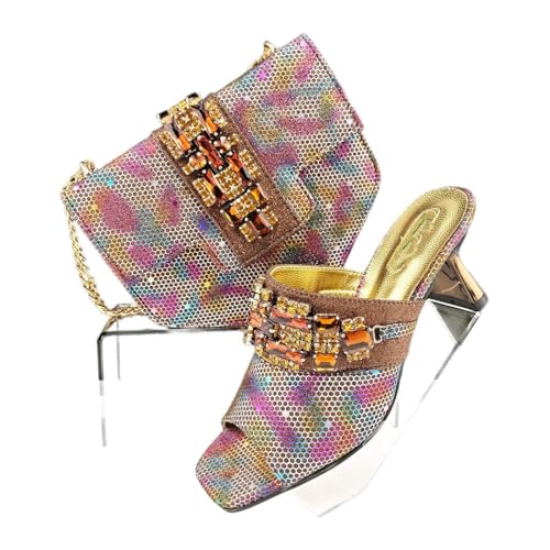 Damen Squared Toe Heels Taschen Set mit Strass Plus Size Italian Style, braun, 43 EU von Generisch