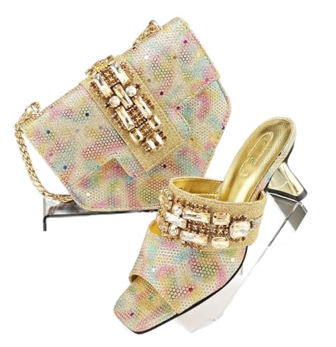 Damen Squared Toe Heels Taschen Set mit Strass Plus Size Italian Style, gold, 43.5 EU von Generisch