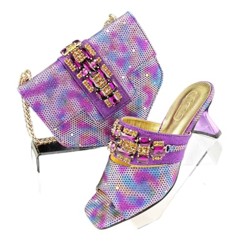 Damen Squared Toe Heels Taschen Set mit Strass Plus Size Italian Style, violett, 42.5 EU von Generisch