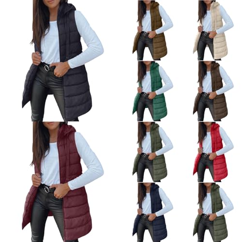 Damen Steppweste Lange Leichte Weste mit Kapuze Ultraleicht Ärmellos Warme Winterjacke Einfarbig Weste Jacke Gilet Für Mädchen Elegant Übergangsweste Mode Softshelljacke mit Reissverschluss Taschen von Generisch