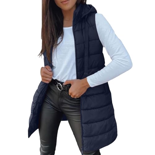 Damen Steppweste Lange Leichte Weste mit Kapuze Ultraleicht Ärmellos Warme Winterjacke Einfarbig Weste Jacke Gilet Für Mädchen Elegant Übergangsweste Mode Softshelljacke mit Reissverschluss Taschen von Generisch