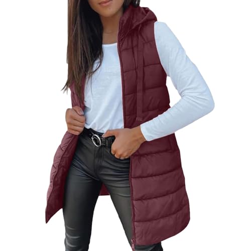 Damen Steppweste Lange Leichte Weste mit Kapuze Ultraleicht Ärmellos Warme Winterjacke Einfarbig Weste Jacke Gilet Für Mädchen Elegant Übergangsweste Mode Softshelljacke mit Reissverschluss Taschen von Generisch