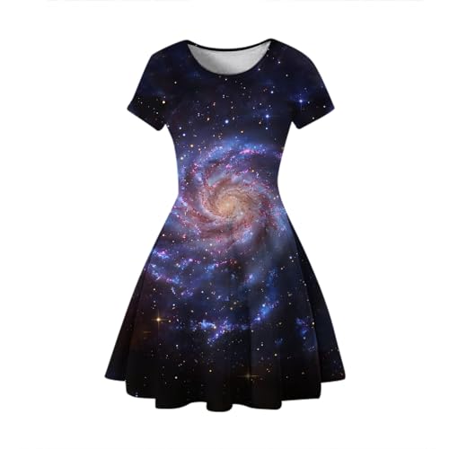 Damen Sternenhimmel Kleid Rundhalsausschnitt Kostüm Galaxy T Shirt A Linien Swingrock Galaxie Costume Digitaldruck Schaukelrock Kurzarmkleid von Generisch