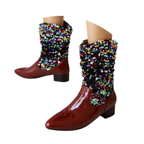 Damen Stiefel, Reißverschluss, Plateau, mittelhohe Wadenhöhe Cowboystiefel für Damen, Strass Stiefel mit spitzer Zehenpartie, Westernstiefel, klobiger Absatz, zum Überziehen, breite Wade (Red, 37) von Generisch