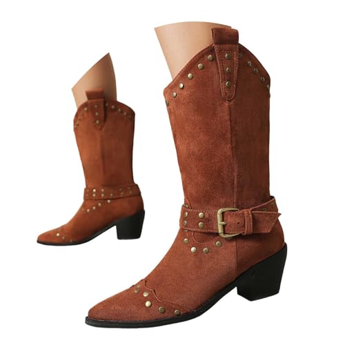 Damen Stiefel, Reißverschluss, Plateau, mittelhohe Wadenhöhe Cowboystiefel für Damen,quadratische Zehenpartie, Reitstiefel, Blockabsatz, niedriger Absatz, Used Look, Nietenstiefel (Brown, 38) von Generisch