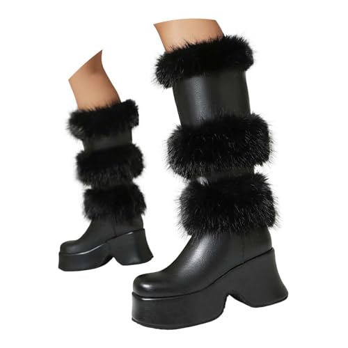 Damen Stiefel, Reißverschluss, Plateau, mittelhohe Wadenhöhe Damen Stiefeletten aus Leder mit Plateau klobigem Absatz Gürteldekor, modische spitze Zehenpartie, seitlich hoher elegante Stiefel (35) von Generisch
