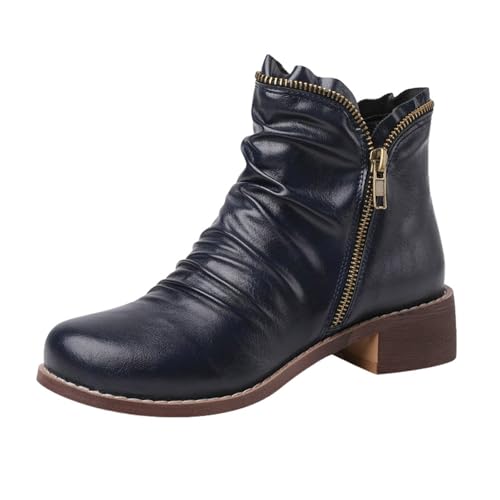 Damen Stiefel, Reißverschluss, Plateau, mittelhohe Wadenhöhe Lässige Stiefel mit runder Spitze und grobem Absatz für Damen im Außenhandel, niedrigem und seitlichem Reißverschluss, kurze (Navy, 47) von Generisch