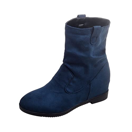 Damen-Stiefel, britische Mode, einfarbig, Wildleder, plissiert, runder Kopf, lässig, kurze Stiefel mit gebrochenem Zehenbereich, blau, 38 EU von Generisch