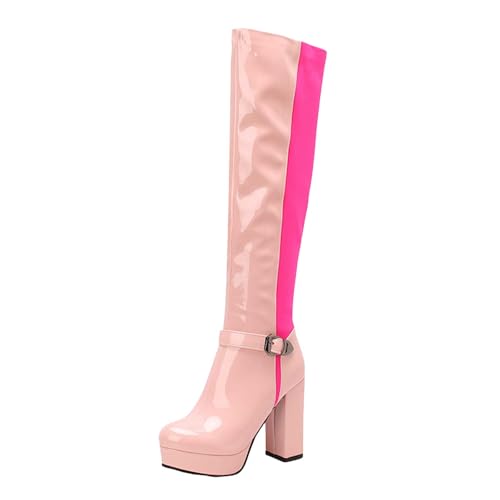 Damen-Stiefel, kniehoch, runder Zehenbereich, breiter Blockabsatz, seitlicher Reißverschluss, Plateau, Gogo-Stiefel, rose, 38 EU Damen-Stiefel, kniehoch, runder Zehenbereich, breiter Blockabsatz, seitlicher Reißverschluss, Plateau, Gogo-Stiefel, rose, 38 EU von Generisch