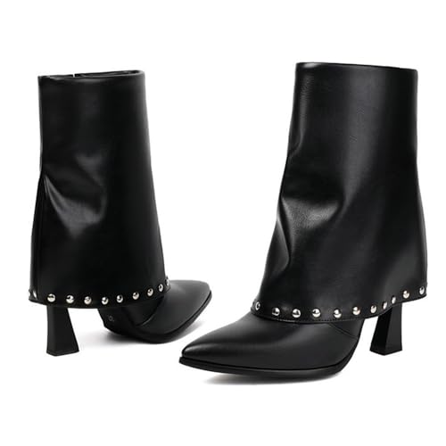 Damen-Stiefel, umklappbar, mittelhoch, mit Nieten, spitz zulaufender Zehenbereich, mit Reißverschluss, modisch, lässig, Winterschuhe, Schwarz , 37EU von Generisch