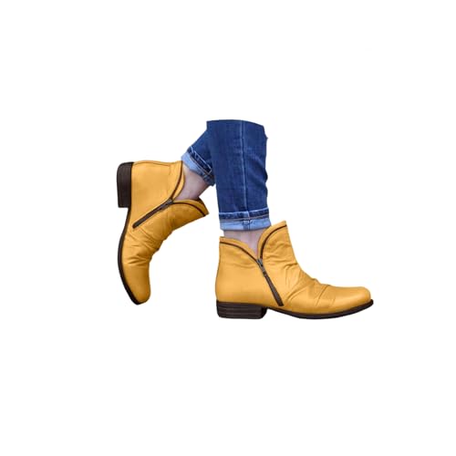 Damen Stiefel Leder Barfuss Schuhe Outdoor Herbst Winter Vintage Lederschuhe Schuhe Plateau Stiefel Mit Zipper Comfort Knöchel Worker Boots (Yellow-A, 9) von Generisch