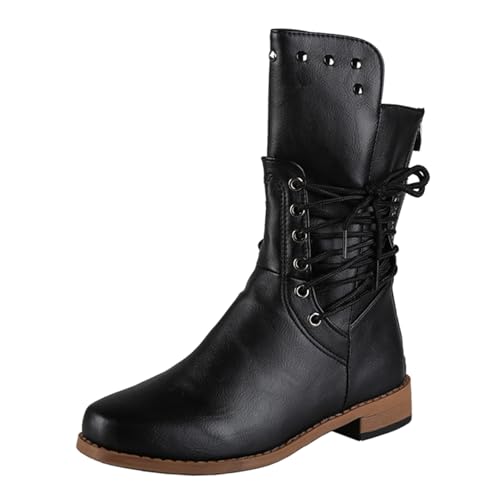 Damen Stiefel Leder Wadenstiefel Schnürboots Damen mit Rückenreißverschluss Mid Calf Damenstiefel Runder Zehenpartie Nietenstiefel Niedriger Blockabsatz Bikerstiefel Lederstifel Übergangsstiefel von Generisch