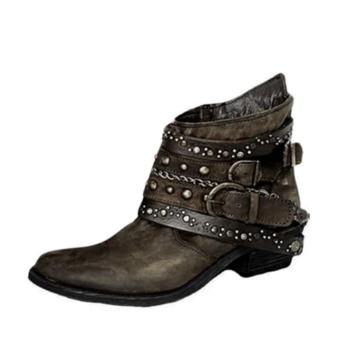 Damen Stiefel Mädchen Kurz Bootie Cowboy Motorrad Lederschuhe Stiefeletten Damen Schwarz 39 (Brown, 36) von Generisch