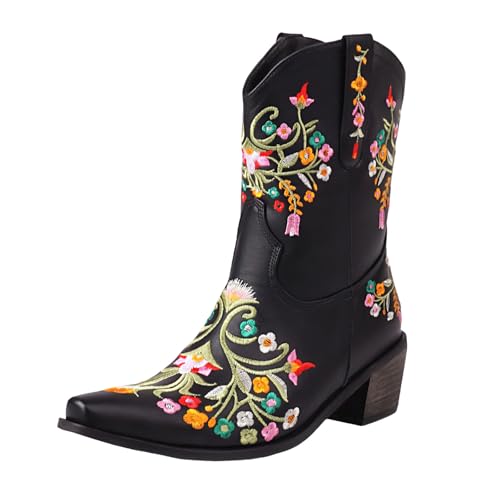 Damen Stiefel Mit Gestapeltem Absatz Damen Stiefeletten mit Blumenstickerei, floraler Ausschnitt, quadratische Zehenpartie, Western Cowboystiefel, klobiger Absatz, kurze Stiefel zum Überziehen (46) von Generisch