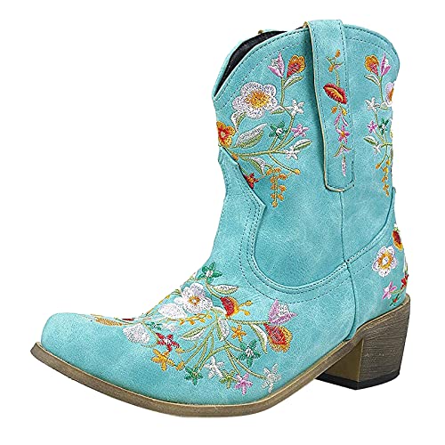 Damen-Stiefel Stiefeletten Damen Beige Bestickte Cowboy Stiefel Damenstiefel (Blue, 42) Gummistiefel Halbhoch Leichte Regenstiefel Kurz Bunt Halbe Blau Hoch Leicht 37 Gefüttert Mit Fußbett 39 38 von Generisch