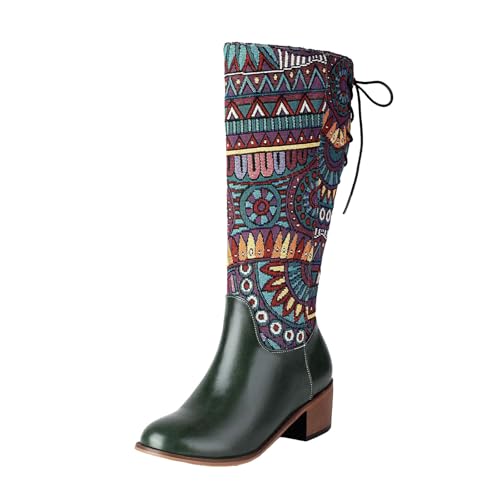 Damen Stiefel für Winter Bohemian Stil mittelhohe Stiefel mit dickem Absatz vielseitige modische Boots für Damen (Green, 38) von Generisch