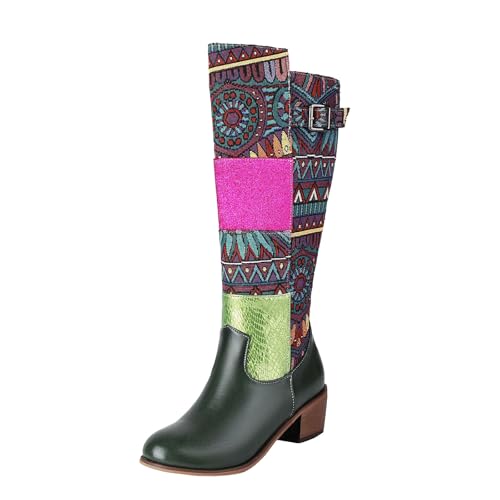 Damen Stiefel im Bohemian Stil hohe Mid-Calf Boots für Winter Trendige Western Stiefel mit dicken Absätzen für stilbewusste Frauen (Green, 42) von Generisch