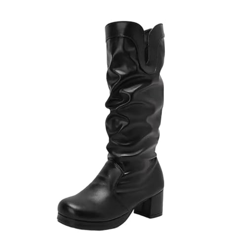 Damen-Stiefel in Übergröße 47-50, mittelhohe Stiefel mit quadratischem Zehenbereich, Blockabsatz und Plateau-Reißverschluss, für lässige Freizeit-Outfits, Schwarz (Black Pu), 37 EU von Generisch