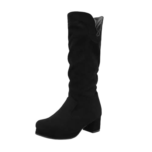 Damen-Stiefel in Übergröße 47-50, mittelhohe Stiefel mit quadratischem Zehenbereich, Blockabsatz und Plateau-Reißverschluss, für lässige Freizeit-Outfits, Schwarz beflockt, 41 EU von Generisch