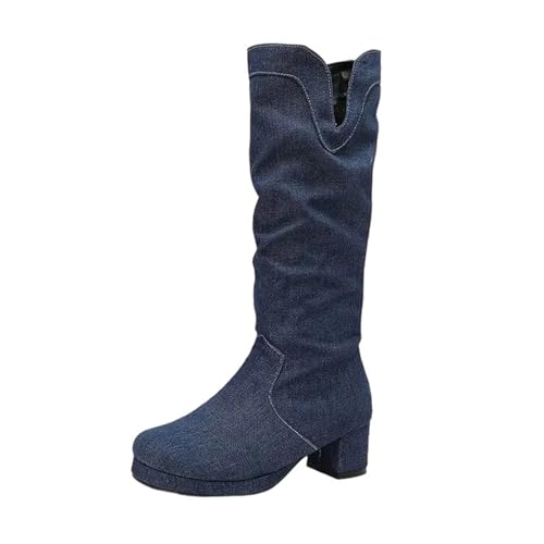 Damen-Stiefel in Übergröße 47-50, mittelhohe Stiefel mit quadratischem Zehenbereich, Blockabsatz und Plateau-Reißverschluss, für lässige Freizeit-Outfits, dunkelblau, 36 EU von Generisch