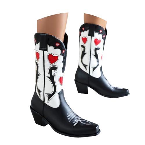 Damen Stiefel mit Absatz, Boots,warm gefüttert Damen Cowboystiefel mit mittlerer Wadenhöhe, Westernstiefel Herz Stickerei, spitze Zehenpartie,Retro, perfekt für Partys, Konzerte mehr (38) von Generisch