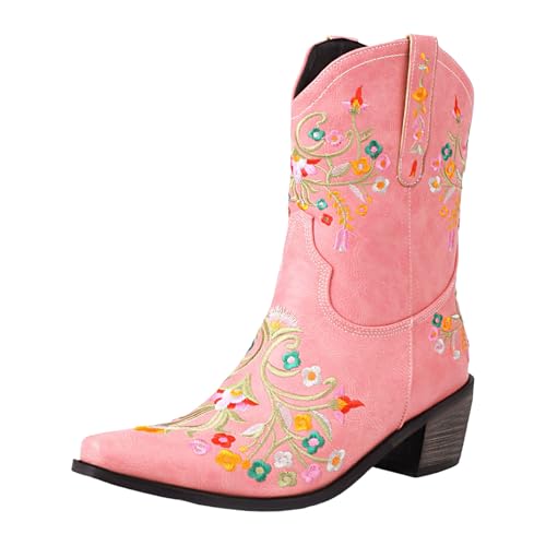 Damen Stiefel mit Absatz, Boots,warm gefüttert Damen Stiefeletten mit Blumenstickerei, floraler Ausschnitt, quadratische Zehenpartie, Western Cowboystiefel, kurze Stiefel zum Überziehen (44) von Generisch