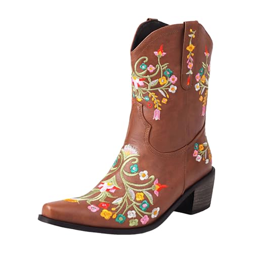 Damen Stiefel mit Absatz, Boots,warm gefüttert Damen Stiefeletten mit Blumenstickerei, floraler Ausschnitt, quadratische Zehenpartie, Western Cowboystiefel, kurze Stiefel zum Überziehen (Brown, 46) von Generisch