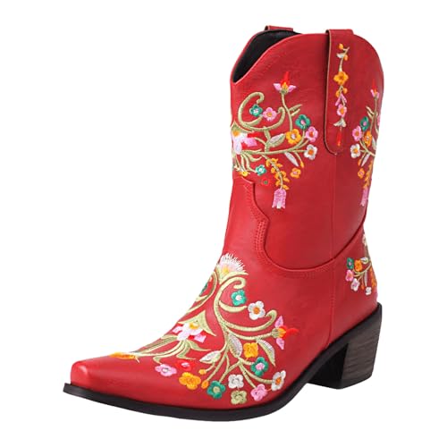Damen Stiefel mit Absatz, Boots,warm gefüttert Damen Stiefeletten mit Blumenstickerei, floraler Ausschnitt, quadratische Zehenpartie, Western Cowboystiefel, kurze Stiefel zum Überziehen (Red, 41) von Generisch