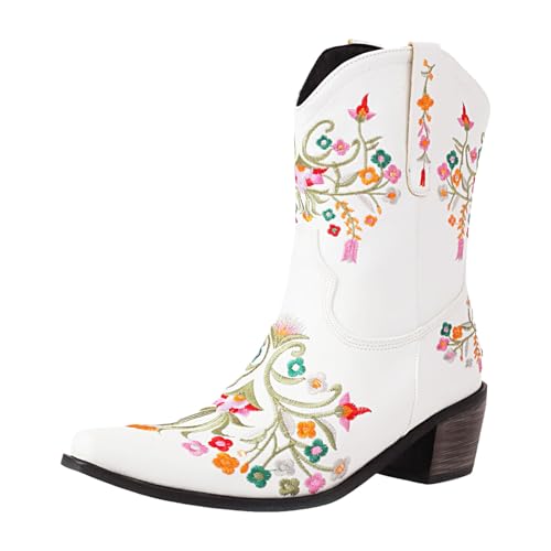 Damen Stiefel mit Absatz, Boots,warm gefüttert Damen Stiefeletten mit Blumenstickerei, floraler Ausschnitt, quadratische Zehenpartie, Western Cowboystiefel, kurze Stiefel zum Überziehen (White, 35) von Generisch