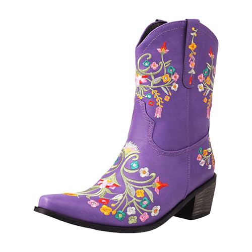 Damen Stiefel mit Absatz, Boots,warm gefüttert Damen Stiefeletten mit Blumenstickerei,quadratische Zehenpartie, Western Cowboystiefel, kurze Stiefel zum Überziehen (Purple, 35) von Generisch
