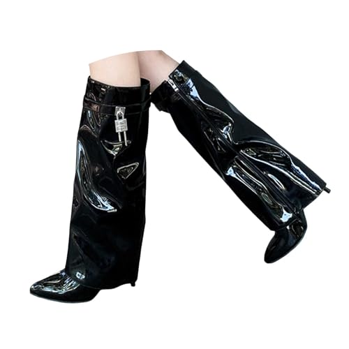 Damen Stiefel mit Absatz, Boots,warm gefüttert Kniehohe Stiefel zum Umklappen für Damen, Vorhängeschloss mandelförmige Zehenpartie, breite Wade, modische zum Überziehen, Partyschuhe (39) von Generisch