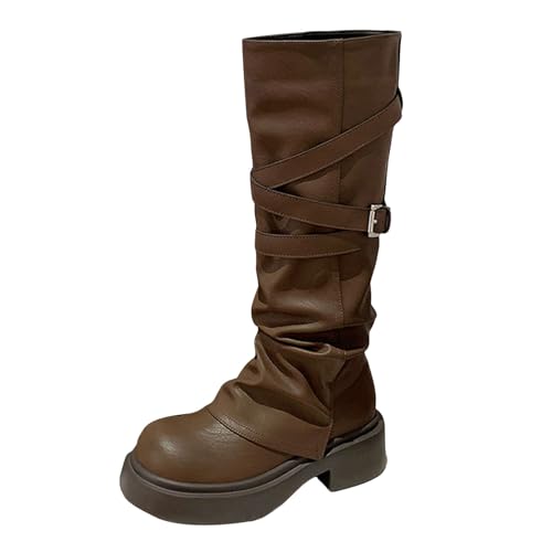 Damen Stiefel mit Absatz, Boots,warm gefüttert Stiefelette mit Hohem Absatz Seitlichem Damen Ankle Boot Lange Stiefel für dicker Sohle, hohes Bein, gestapelte lange (Brown, 38) von Generisch