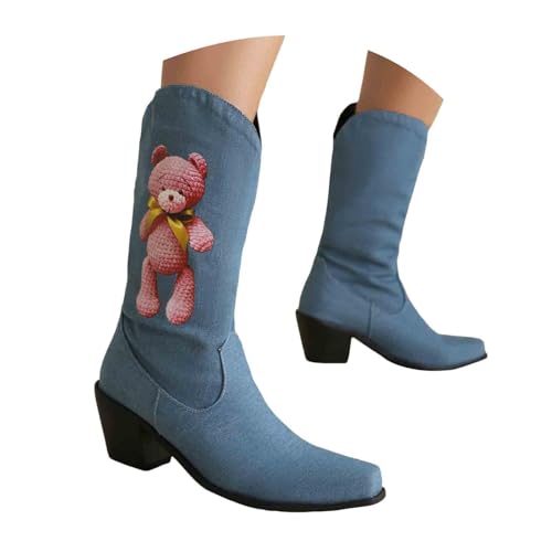 Damen Stiefel mit Absatz, Boots,warm gefüttert Stiefelette mit Hohem Absatz Seitlichem Reißverschluss Damen Ankle Boot Cowboystiefel für Zehenpartie, Western Country Modestiefel (Light Blue, 38) von Generisch