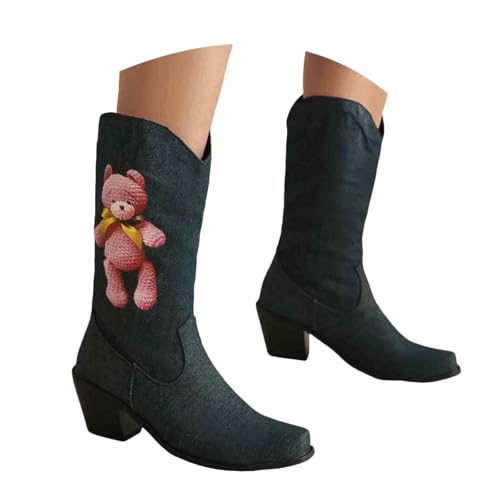 Damen Stiefel mit Absatz, Boots,warm gefüttert Stiefelette mit Hohem Absatz Seitlichem Reißverschluss Damen Ankle Boot Cowboystiefel für Zehenpartie, klobiger Western Country Modestiefel (Blue, 38) von Generisch