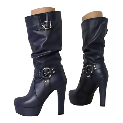 Damen Stiefel mit Absatz, Boots,warm gefüttert Stiefelette mit Hohem Absatz Seitlichem Reißverschluss Damen Ankle Boot Stiefeletten aus Leder modische Nieten, Knöchelriemen, Punk Stiefel (Blue, 36) von Generisch