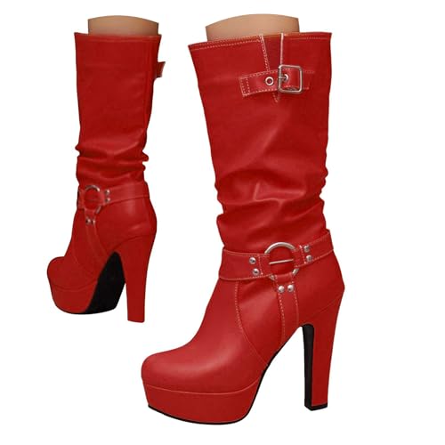 Damen Stiefel mit Absatz, Boots,warm gefüttert Stiefelette mit Hohem Absatz Seitlichem Reißverschluss Damen Ankle Boot Stiefeletten aus Leder modische Nieten, Knöchelriemen, Punk Stiefel (Red, 36) von Generisch