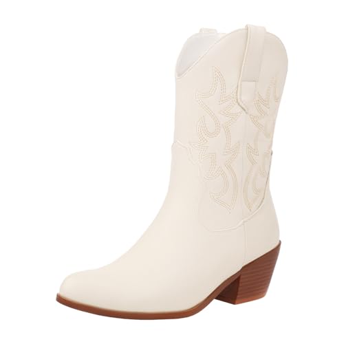 Damen Stiefel mit Absatz Elegant Blockabsatz Western Cowboystiefel für Damen, kniehoch, weite Wadenstiefel mit klassischer Stickerei, zum Hineinschlüpfen, modischer Retro Klassiker, zum (Beige, 39) von Generisch