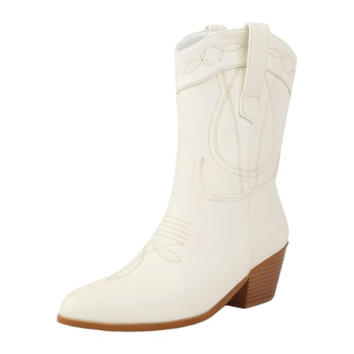 Damen Stiefel mit Absatz Elegant Spitz Western Cowboystiefel für Damen, kniehoch, weite Wadenstiefel mit klassischer Stickerei, zum Hineinschlüpfen, modischer Retro Klassiker, zum (Beige, 42) von Generisch