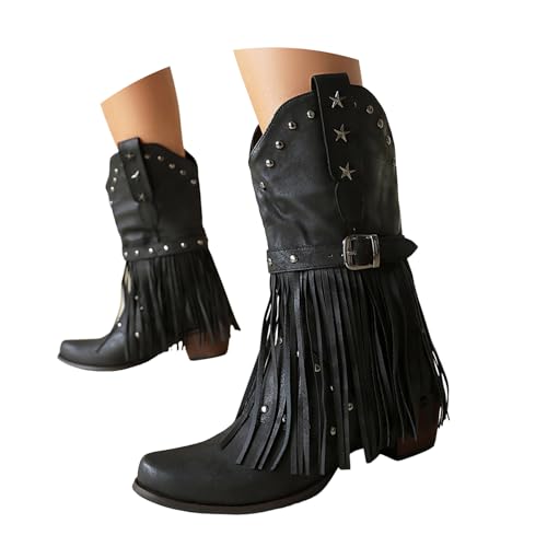 Damen Stiefel mit Absatz Elegant mit Damen Schnürstiefel ohne Absatz Blockabsatz Ethnische Su Stiefel für Frauen Dicke Absätze Ärmel Metall Gürtel Western Cowboy (42) von Generisch